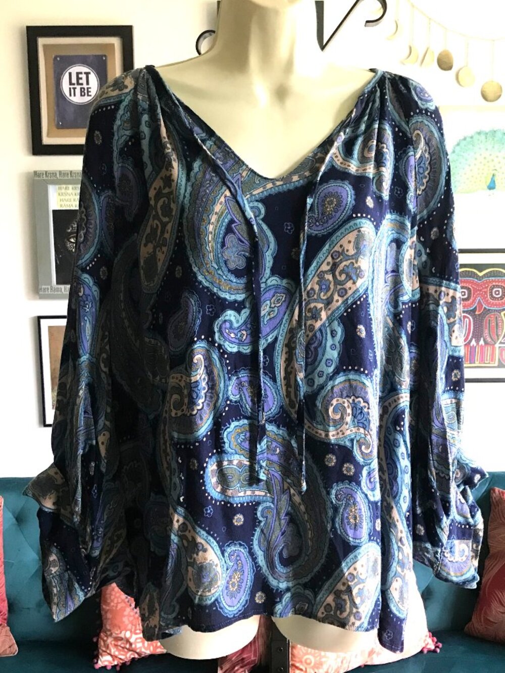 KAREN KANE size XL Blue & Purple Paisley Balloon Sleeve Boho Peasant Top